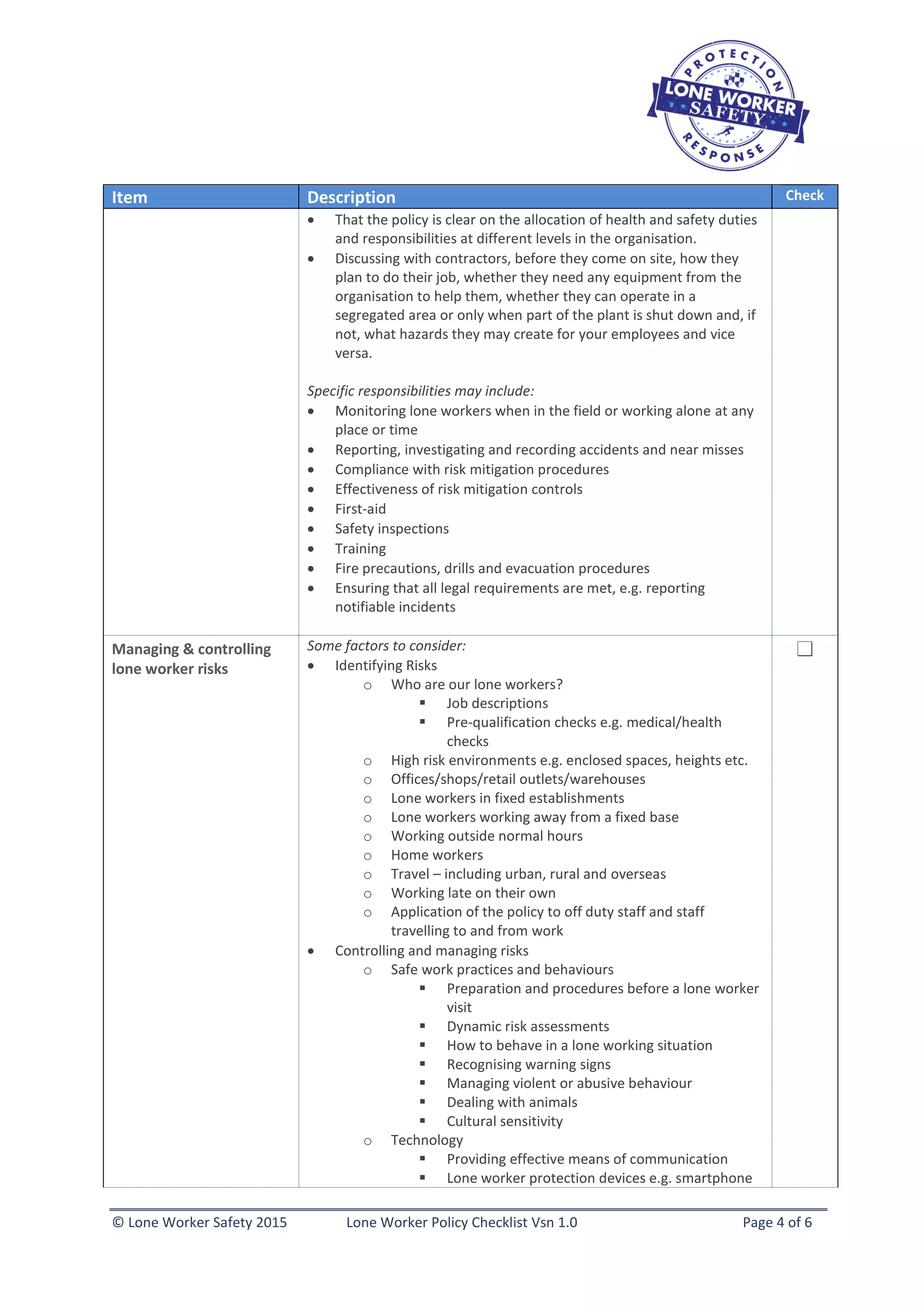 Lone Worker Safety - Lone Worker Policy Checklist 1.0 | PDF