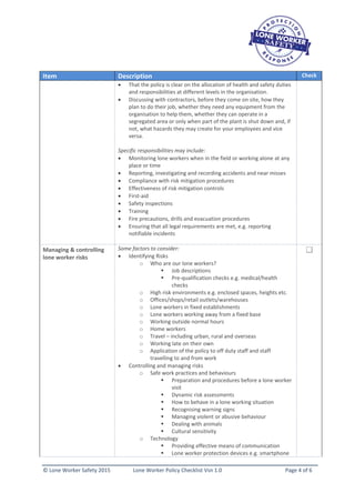 Lone Worker Safety - Lone Worker Policy Checklist 1.0 | PDF