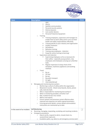 Lone Worker Safety - Lone Worker Policy Checklist 1.0 | PDF