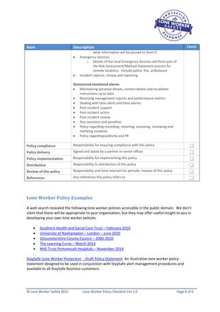 Lone Worker Safety - Lone Worker Policy Checklist 1.0 | PDF
