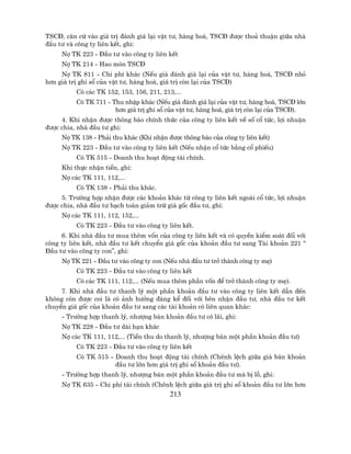 TSC§, c¨n cø vµo gi¸ trÞ ®¸nh gi¸ l¹i vËt t−, hµng ho¸, TSC§ ®−îc tho¶ thuËn gi÷a nhµ
®Çu t− vµ c«ng ty liªn kÕt, ghi:
     Nî TK 223 - §Çu t− vµo c«ng ty liªn kÕt
     Nî TK 214 - Hao mßn TSC§
     Nî TK 811 - Chi phÝ kh¸c (NÕu gi¸ ®¸nh gi¸ l¹i cña vËt t−, hµng ho¸, TSC§ nhá
h¬n gi¸ trÞ ghi sæ cña vËt t−, hµng ho¸, gi¸ trÞ cßn l¹i cña TSC§)
          Cã c¸c TK 152, 153, 156, 211, 213,...
          Cã TK 711 - Thu nhËp kh¸c (NÕu gi¸ ®¸nh gi¸ l¹i cña vËt t−, hµng ho¸, TSC§ lín
                       h¬n gi¸ trÞ ghi sæ cña vËt t−, hµng ho¸, gi¸ trÞ cßn l¹i cña TSC§).
     4. Khi nhËn ®−îc th«ng b¸o chÝnh thøc cña c«ng ty liªn kÕt vÒ sè cæ tøc, lîi nhuËn
®−îc chia, nhµ ®Çu t− ghi:
     Nî TK 138 - Ph¶i thu kh¸c (Khi nhËn ®−îc th«ng b¸o cña c«ng ty liªn kÕt)
     Nî TK 223 - §Çu t− vµo c«ng ty liªn kÕt (NÕu nhËn cæ tøc b»ng cæ phiÕu)
          Cã TK 515 - Doanh thu ho¹t ®éng tµi chÝnh.
     Khi thùc nhËn tiÒn, ghi:
     Nî c¸c TK 111, 112,...
          Cã TK 138 - Ph¶i thu kh¸c.
     5. Tr−êng hîp nhËn ®−îc c¸c kho¶n kh¸c tõ c«ng ty liªn kÕt ngoµi cæ tøc, lîi nhuËn
®−îc chia, nhµ ®Çu t− h¹ch to¸n gi¶m trõ gi¸ gèc ®Çu t−, ghi:
     Nî c¸c TK 111, 112, 152,...
          Cã TK 223 - §Çu t− vµo c«ng ty liªn kÕt.
     6. Khi nhµ ®Çu t− mua thªm vèn cña c«ng ty liªn kÕt vµ cã quyÒn kiÓm so¸t ®èi víi
c«ng ty liªn kÕt, nhµ ®Çu t− kÕt chuyÓn gi¸ gèc cña kho¶n ®Çu t− sang Tµi kho¶n 221 “
§Çu t− vµo c«ng ty con”, ghi:
     Nî TK 221 - §Çu t− vµo c«ng ty con (NÕu nhµ ®Çu t− trë thµnh c«ng ty mÑ)
          Cã TK 223 - §Çu t− vµo c«ng ty liªn kÕt
          Cã c¸c TK 111, 112,... (NÕu mua thªm phÇn vèn ®Ó trë thµnh c«ng ty mÑ).
     7. Khi nhµ ®Çu t− thanh lý mét phÇn kho¶n ®Çu t− vµo c«ng ty liªn kÕt dÉn ®Õn
kh«ng cßn ®−îc coi lµ cã ¶nh h−ëng ®¸ng kÓ ®èi víi bªn nhËn ®Çu t−, nhµ ®Çu t− kÕt
chuyÓn gi¸ gèc cña kho¶n ®Çu t− sang c¸c tµi kho¶n cã liªn quan kh¸c:
     - Tr−êng hîp thanh lý, nh−îng b¸n kho¶n ®Çu t− cã l·i, ghi:
     Nî TK 228 - §Çu t− dµi h¹n kh¸c
     Nî c¸c TK 111, 112,... (TiÒn thu do thanh lý, nh−îng b¸n mét phÇn kho¶n ®Çu t−)
          Cã TK 223 - §Çu t− vµo c«ng ty liªn kÕt
          Cã TK 515 - Doanh thu ho¹t ®éng tµi chÝnh (Chªnh lÖch gi÷a gi¸ b¸n kho¶n
                      ®Çu t− lín h¬n gi¸ trÞ ghi sæ kho¶n ®Çu t−).
     - Tr−êng hîp thanh lý, nh−îng b¸n mét phÇn kho¶n ®Çu t− mµ bÞ lç, ghi:
     Nî TK 635 - Chi phÝ tµi chÝnh (Chªnh lÖch gi÷a gi¸ trÞ ghi sæ kho¶n ®Çu t− lín h¬n
                                          213
 