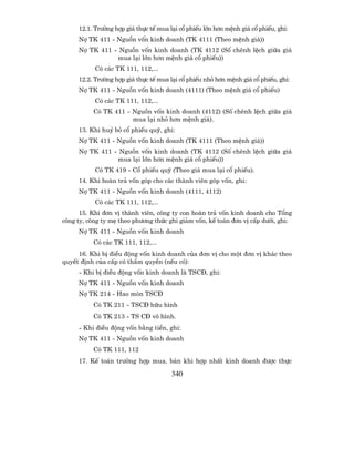 12.1. Tr−êng hîp gi¸ thùc tÕ mua l¹i cæ phiÕu lín h¬n mÖnh gi¸ cæ phiÕu, ghi:
     Nî TK 411 - Nguån vèn kinh doanh (TK 4111 (Theo mÖnh gi¸))
     Nî TK 411 - Nguån vèn kinh doanh (TK 4112 (Sè chªnh lÖch gi÷a gi¸
                mua l¹i lín h¬n mÖnh gi¸ cæ phiÕu))
           Cã c¸c TK 111, 112,...
     12.2. Tr−êng hîp gi¸ thùc tÕ mua l¹i cæ phiÕu nhá h¬n mÖnh gi¸ cæ phiÕu, ghi:
     Nî TK 411 - Nguån vèn kinh doanh (4111) (Theo mÖnh gi¸ cæ phiÕu)
           Cã c¸c TK 111, 112,...
          Cã TK 411 - Nguån vèn kinh doanh (4112) (Sè chªnh lÖch gi÷a gi¸
                      mua l¹i nhá h¬n mÖnh gi¸).
     13. Khi huû bá cæ phiÕu quü, ghi:
     Nî TK 411 - Nguån vèn kinh doanh (TK 4111 (Theo mÖnh gi¸))
     Nî TK 411 - Nguån vèn kinh doanh (TK 4112 (Sè chªnh lÖch gi÷a gi¸
                mua l¹i lín h¬n mÖnh gi¸ cæ phiÕu))
           Cã TK 419 - Cæ phiÕu quü (Theo gi¸ mua l¹i cæ phiÕu).
     14. Khi hoµn tr¶ vèn gãp cho c¸c thµnh viªn gãp vèn, ghi:
     Nî TK 411 - Nguån vèn kinh doanh (4111, 4112)
           Cã c¸c TK 111, 112,...
      15. Khi ®¬n vÞ thµnh viªn, c«ng ty con hoµn tr¶ vèn kinh doanh cho Tæng
c«ng ty, c«ng ty mÑ theo ph−¬ng thøc ghi gi¶m vèn, kÕ to¸n ®¬n vÞ cÊp d−íi, ghi:
     Nî TK 411 - Nguån vèn kinh doanh
          Cã c¸c TK 111, 112,...
     16. Khi bÞ ®iÒu ®éng vèn kinh doanh cña ®¬n vÞ cho mét ®¬n vÞ kh¸c theo
quyÕt ®Þnh cña cÊp cã thÈm quyÒn (nÕu cã):
     - Khi bÞ ®iÒu ®éng vèn kinh doanh lµ TSC§, ghi:
     Nî TK 411 - Nguån vèn kinh doanh
     Nî TK 214 - Hao mßn TSC§
          Cã TK 211 - TSC§ h÷u h×nh
          Cã TK 213 - TS C§ v« h×nh.
     - Khi ®iÒu ®éng vèn b»ng tiÒn, ghi:
     Nî TK 411 - Nguån vèn kinh doanh
          Cã TK 111, 112
     17. KÕ to¸n tr−êng hîp mua, b¸n khi hîp nhÊt kinh doanh ®−îc thùc

                                       340
 