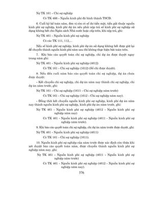 Nî TK 161 - Chi sù nghiÖp
          Cã TK 466 - Nguån kinh phÝ ®· h×nh thµnh TSC§.
     6. Cuèi kú kÕ to¸n n¨m, ®¬n vÞ cßn cã sè d− tiÒn mÆt, tiÒn göi thuéc nguån
kinh phÝ sù nghiÖp, kinh phÝ dù ¸n nÕu ph¶i nép tr¶ sè kinh phÝ sù nghiÖp sö
dông kh«ng hÕt cho Ng©n s¸ch Nhµ n−íc hoÆc cÊp trªn, khi nép tr¶, ghi:
     Nî TK 461 - Nguån kinh phÝ sù nghiÖp
          Cã c¸c TK 111, 112,...
     NÕu sè kinh phÝ sù nghiÖp, kinh phÝ dù ¸n sö dông kh«ng hÕt ®−îc gi÷ l¹i
®Ó chuyÓn thµnh nguån kinh phÝ n¨m sau th× kh«ng thùc hiÖn bót to¸n trªn.
     7. Khi b¸o c¸o quyÕt to¸n chi sù nghiÖp, chi dù ¸n ®−îc duyÖt ngay
trong n¨m ghi:
     Nî TK 461 - Nguån kinh phÝ sù nghiÖp (4612)
          Cã TK 161 - Chi sù nghiÖp (1612) (Sè chi ®−îc duyÖt).
     8. NÕu ®Õn cuèi n¨m b¸o c¸o quyÕt to¸n chi sù nghiÖp, dù ¸n ch−a
®−îc duyÖt:
     - KÕt chuyÓn chi sù nghiÖp, chi dù ¸n n¨m nay thµnh chi sù nghiÖp, chi
dù ¸n n¨m tr−íc, ghi:
     Nî TK 161 - Chi sù nghiÖp (1611 - Chi sù nghiÖp n¨m tr−íc)
          Cã TK 161 - Chi sù nghiÖp (1612 - Chi sù nghiÖp n¨m nay).
     - §ång thêi kÕt chuyÓn nguån kinh phÝ sù nghiÖp, kinh phÝ dù ¸n n¨m
nay thµnh nguån kinh phÝ sù nghiÖp, kinh phÝ dù ¸n n¨m tr−íc, ghi:
     Nî TK 461 - Nguån kinh phÝ sù nghiÖp (4612 - Nguån kinh phÝ sù
                nghiÖp n¨m nay)
          Cã TK 461 - Nguån kinh phÝ sù nghiÖp (4611 - Nguån kinh phÝ sù
                      nghiÖp n¨m tr−íc).
     9. Khi b¸o c¸o quyÕt to¸n chi sù nghiÖp, chi dù ¸n n¨m tr−íc ®−îc duyÖt, ghi:
     Nî TK 461 - Nguån kinh phÝ sù nghiÖp (4611)
          Cã TK 161 - Chi sù nghiÖp (1611).
     10. Nguån kinh phÝ sù nghiÖp cña n¨m tr−íc ®−îc x¸c ®Þnh cßn thõa khi
xÐt duyÖt b¸o c¸o quyÕt to¸n n¨m, ®−îc chuyÓn thµnh nguån kinh phÝ sù
nghiÖp n¨m nay, ghi:
      Nî TK 461 - Nguån kinh phÝ sù nghiÖp (4611 - Nguån kinh phÝ sù
                nghiÖp n¨m tr−íc)
          Cã TK 461 - Nguån kinh phÝ sù nghiÖp (4612 - Nguån kinh phÝ sù
                      nghiÖp n¨m nay).
                                      376
 