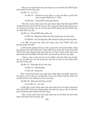 - §¬n vÞ trùc thuéc h¹ch to¸n phô thuéc c¨n cø vµo Ho¸ ®¬n GTGT ph¶n
¸nh doanh thu b¸n hµng, ghi:
     Nî TK 111, 112, 131,...
          Cã TK 511 - Doanh thu b¸n hµng vµ cung cÊp dÞch vô (Gi¸ b¸n
                     ch−a cã thuÕ GTGT) (5111, 5112)
          Cã TK 3331 - ThuÕ GTGT ph¶i nép (33311).
      - Khi ®¬n vÞ trùc thuéc h¹ch to¸n phô thuéc nhËn ®−îc Ho¸ ®¬n GTGT
vÒ hµng ho¸ tiªu thô néi bé do c«ng ty, ®¬n vÞ cÊp trªn lËp chuyÓn ®Õn trªn c¬
së sè hµng ho¸ ®· b¸n, c¨n cø vµo Ho¸ ®¬n GTGT ph¶n ¸nh thuÕ GTGT ®Çu
vµo ®−îc khÊu trõ, ghi:
     Nî TK 133 - ThuÕ GTGT ®−îc khÊu trõ
          Cã TK 156 - Hµng ho¸ (NÕu ch−a kÕt chuyÓn gi¸ vèn hµng ho¸)
          Cã TK 632 - Gi¸ vèn hµng b¸n (NÕu ®· kÕt chuyÓn gi¸ vèn hµng ho¸).
    11.2. §èi víi hµng ho¸ thuéc ®èi t−îng chÞu thuÕ GTGT tÝnh theo
ph−¬ng ph¸p trùc tiÕp:
     a) Khi doanh nghiÖp (C«ng ty, ®¬n vÞ cÊp trªn) xuÊt thµnh phÈm, hµng
ho¸ kh«ng thuéc ®èi t−îng chÞu thuÕ GTGT hoÆc thuéc ®èi t−îng chÞu thuÕ
GTGT tÝnh theo ph−¬ng ph¸p trùc tiÕp ®Õn c¸c ®¬n vÞ trùc thuéc h¹ch to¸n
phô thuéc ph¶i lËp PhiÕu xuÊt kho kiªm vËn chuyÓn néi bé theo quy ®Þnh.
     - C«ng ty, ®¬n vÞ cÊp trªn c¨n cø vµo PhiÕu xuÊt kho kiªm vËn chuyÓn
néi bé, x¸c ®Þnh gi¸ vèn cña hµng ho¸ xuÊt cho c¸c ®¬n vÞ trùc thuéc h¹ch
to¸n phô thuéc, ghi.
     Nî TK 157 - Hµng göi ®i b¸n (Gi¸ vèn)
          Cã TK 155 - Thµnh phÈm,
          Cã TK 156 - Hµng ho¸.
     §¬n vÞ trùc thuéc h¹ch to¸n phô thuéc nhËn ®−îc s¶n phÈm, hµng ho¸
do c«ng ty, ®¬n vÞ cÊp trªn chuyÓn ®Õn, c¨n cø vµo PhiÕu xuÊt kho kiªm vËn
chuyÓn néi bé vµ c¸c chøng tõ cã liªn quan, ghi:
     Nî TK 156 - Hµng ho¸ (Gi¸ b¸n néi bé)
          Cã c¸c TK 111, 112, 336,...
      b) Khi ®¬n vÞ trùc thuéc h¹ch to¸n phô thuéc b¸n s¶n phÈm, hµng ho¸
chÞu thuÕ GTGT tÝnh theo ph−¬ng ph¸p trùc tiÕp do c«ng ty, ®¬n vÞ cÊp trªn
giao cho ®Ó b¸n ph¶i lËp Ho¸ ®¬n b¸n hµng.
     - §¬n vÞ trùc thuéc h¹ch to¸n phô thuéc c¨n cø vµo Ho¸ ®¬n b¸n hµng
ph¶n ¸nh doanh thu b¸n hµng, ghi:
                                        393
 