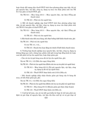 hoÆc thuéc ®èi t−îng chÞu thuÕ GTGT tÝnh theo ph−¬ng ph¸p trùc tiÕp, th× trÞ
gi¸ nguyªn liÖu, vËt liÖu, c«ng cô, dông cô mua vµo ®−îc ph¶n ¸nh vµo TK
611 bao gåm c¶ thuÕ GTGT, ghi:
     Nî TK 611 - Mua hµng (6111 - Mua nguyªn liÖu, vËt liÖu) (Tæng gi¸
                thanh to¸n)
          Cã TK 331 - Ph¶i tr¶ cho ng−êi b¸n.
      4. §èi víi doanh nghiÖp nép thuÕ GTGT tÝnh theo ph−¬ng ph¸p trùc
tiÕp, trÞ gi¸ nguyªn liÖu, vËt liÖu, c«ng cô, dông cô mua vµo ®−îc ph¶n ¸nh
vµo TK 611 bao gåm c¶ thuÕ GTGT, ghi:
     Nî TK 611 - Mua hµng (6111 - Mua nguyªn liÖu, vËt liÖu) (Tæng gi¸
                thanh to¸n)
          Cã TK 331 - Ph¶i tr¶ cho ng−êi b¸n.
     5. Khi thanh to¸n tiÒn mua hµng, nÕu ®−îc h−ëng chiÕt khÊu thanh to¸n, ghi:
     Nî TK 331 - Ph¶i tr¶ cho ng−êi b¸n
          Cã c¸c TK 111, 112,...
          Cã TK 515 - Doanh thu ho¹t ®éng tµi chÝnh (ChiÕt khÊu thanh to¸n).
     6. Tr−êng hîp doanh nghiÖp mua nguyªn liÖu, vËt liÖu, c«ng cô, dông cô
kh«ng ®óng quy c¸ch, chñng lo¹i, phÈm chÊt ghi trong hîp ®ång kinh tÕ, hoÆc
cam kÕt ph¶i tr¶ l¹i cho ng−êi b¸n, hoÆc ®−îc gi¶m gi¸:
     - C¨n cø vµo trÞ gi¸ hµng mua ®· tr¶ l¹i cho ng−êi b¸n, ghi:
     Nî c¸c TK 111, 112 (NÕu thu ngay b»ng tiÒn)
     Nî TK 331 - Ph¶i tr¶ cho ng−êi b¸n (KhÊu trõ vµo nî cßn ph¶i tr¶ ng−êi b¸n)
          Cã TK 611 - Mua hµng (6111) (TrÞ gi¸ nguyªn liÖu, vËt liÖu, c«ng
                      cô, dông cô ®· tr¶ l¹i ng−êi b¸n)
          Cã TK 133 - ThuÕ GTGT ®−îc khÊu trõ (1331) (NÕu cã).
     - NÕu doanh nghiÖp chÊp nhËn kho¶n gi¶m gi¸ hµng cña l« hµng ®·
mua, sè tiÒn ®−îc gi¶m gi¸, ghi:
     Nî c¸c TK 111, 112 (NÕu thu ngay b»ng tiÒn)
     Nî TK 331 - Ph¶i tr¶ cho ng−êi b¸n (KhÊu trõ vµo nî cßn ph¶i tr¶ ng−êi b¸n)
          Cã TK 611 - Mua hµng (6111) (Kho¶n gi¶m gi¸ ®−îc chÊp thuËn)
          Cã TK 133 - ThuÕ GTGT ®−îc khÊu trõ (NÕu cã).
     7. Cuèi kú kÕ to¸n, c¨n cø vµo kÕt qu¶ kiÓm kª thùc tÕ, kÕ to¸n ph¶i x¸c
®Þnh trÞ gi¸ thùc tÕ nguyªn liÖu, vËt liÖu tån kho cuèi kú vµ trÞ gi¸ thùc tÕ
                                      424
 