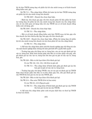 l·i do b¸n TSC§ t−¬ng øng víi phÇn lîi Ých cña m×nh trong c¬ së kinh doanh
®ång kiÓm so¸t, ghi:
      Nî TK 711 - Thu nhËp kh¸c (PhÇn l·i ho·n l¹i do b¸n TSC§ t−¬ng øng
víi phÇn lîi Ých cña m×nh trong liªn doanh)
          Cã TK 3387 - Doanh thu ch−a thùc hiÖn.
      - §Þnh kú, bªn tham gia gãp vèn liªn doanh ph©n bæ dÇn phÇn l·i ho·n
l¹i t−¬ng øng víi phÇn lîi Ých cña m×nh trong liªn doanh vµo thu nhËp kh¸c
c¨n cø vµo thêi gian sö dông h÷u Ých cña TSC§ mµ c¬ së kinh doanh ®ång
kiÓm so¸t sö dông, ghi:
     Nî TK 3387 - Doanh thu ch−a thùc hiÖn
          Cã TK 711 - Thu nhËp kh¸c.
      - Khi c¬ së kinh doanh ®ång kiÓm so¸t b¸n TSC§ mua tõ bªn gãp vèn
liªn doanh cho bªn thø ba ®éc lËp, bªn gãp vèn liªn doanh ghi:
       Nî TK 3387 - Doanh thu ch−a thùc hiÖn. (PhÇn l·i t−¬ng øng víi phÇn
lîi Ých cña m×nh trong liªn doanh cßn l¹i ch−a ph©n bæ vµo thu nhËp kh¸c)
          Cã TK 711 - Thu nhËp kh¸c.
     5. KÕ to¸n thu nhËp kh¸c ph¸t sinh khi doanh nghiÖp gãp vèn b»ng tµi s¶n
vµo mét doanh nghiÖp kh¸c nh−ng chØ n¾m gi÷ d−íi 20% quyÒn biÓu quyÕt.
      - Tr−êng hîp gãp vèn b»ng vËt t−, hµng hãa, c¨n cø vµo gi¸ ®¸nh gi¸ l¹i
vËt t−, hµng ho¸, ®−îc tho¶ thuËn gi÷a nhµ ®Çu t− vµ bªn nhËn vèn gãp, nÕu
gi¸ ®¸nh gi¸ l¹i cña vËt t−, hµng ho¸ lín h¬n gi¸ trÞ ghi sæ cña vËt t−, hµng
ho¸, ghi:
     Nî TK 228 - §Çu t− dµi h¹n kh¸c (Gi¸ ®¸nh gi¸ l¹i)
          Cã c¸c TK 152, 153, 155, 156 (Gi¸ trÞ ghi sæ)
          Cã TK 711 - Thu nhËp kh¸c (Chªnh lÖch gi÷a gi¸ ®¸nh gi¸ l¹i lín
                      h¬n gi¸ trÞ ghi sæ cña vËt t−, hµng ho¸).
     - Tr−êng hîp gãp vèn b»ng TSC§, c¨n cø vµo gi¸ trÞ ®¸nh gi¸ l¹i TSC§
®−îc tho¶ thuËn gi÷a nhµ ®Çu t− vµ bªn nhËn gãp vèn, nÕu gi¸ ®¸nh gi¸ l¹i
cña TSC§ lín h¬n gi¸ trÞ cßn l¹i cña TSC§, ghi:
     Nî TK 228 - §Çu t− dµi h¹n kh¸c (Gi¸ ®¸nh gi¸ l¹i)
     Nî TK 214 - Hao mßn TSC§ (Gi¸ trÞ hao mßn)
          Cã c¸c TK 211, 213 (Nguyªn gi¸)
          Cã TK 711 - Thu nhËp kh¸c (Chªnh lÖch gi¸ ®¸nh gi¸ l¹i cña TSC§
                      lín h¬n gi¸ trÞ cßn l¹i cña TSC§).
      6. KÕ to¸n thu nhËp kh¸c ph¸t sinh tõ giao dÞch b¸n vµ thuª l¹i TSC§
lµ thuª tµi chÝnh:

                                     474
 