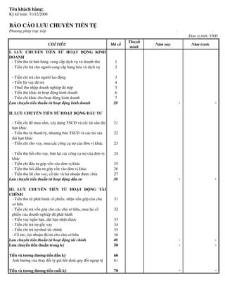 Tên khách hàng:
Kỳ k toán: 31/12/2008

BÁO CÁO LƯU CHUY N TI N T
Phương pháp tr c ti p                                                              -                   -
                                                                                           ơn v tính: VND
                                                                Thuy t
                        CH TIÊU                          Mã s            Năm nay           Năm trư c
                                                                 minh
I. LƯU CHUY N TI N T HO T                     NG KINH
DOANH
  - Ti n thu t bán hàng, cung c p d ch v và doanh thu      1
  - Ti n chi tr cho ngư i cung c p hàng hóa và d ch v      2

 - Ti n chi tr cho ngư i lao ng                            3
 - Ti n lãi vay ã tr                                       4
 - Thu thu nh p doanh nghi p ã n p                         5
 - Ti n thu khác t ho t ng kinh doanh                      6
 - Ti n chi khác cho ho t ng kinh doanh                    7
Lưu chuy n ti n thu n t ho t ng kinh doanh                20                           -                   -

II. LƯU CHUY N TI N T        HO T       NG      U TƯ

 - Ti n chi mua s m, xây d ng TSC và các tài s n dài      21
 h n khác
 - Ti n thu t thanh lý, như ng bán TSC và các tài s n     22
 dài h n khác
 - Ti n chi cho vay, mua các công c n c a ơn v khác       23

 - Ti n thu h i cho vay, bán l i các công c n c a ơn v    24
 khác
 - Ti n chi u tư góp v n vào ơn v khác                    25
 - Ti n thu h i u tư góp v n vào ơn v khác                26
 - Ti n thu lãi cho vay, c t c và l i nhu n ư c chia      27
Lưu chuy n ti n thu n t ho t ng u tư                      30                           -                   -

III. LƯU CHUY N TI N T HO T                    NG TÀI
CHÍNH
   -Ti n thu t phát hành c phi u, nh n v n góp c a ch     31
  s h u
  - Ti n chi tr v n góp cho các ch s h u, mua l i c       32
  phi u c a doanh nghi p ã phát hành
  - Ti n vay ng n h n, dài h n nh n ư c                   33
  - Ti n chi tr n g c vay                                 34
  - Ti n chi tr n thuê tài chính                          35
  - C t c, l i nhu n ã tr cho ch s h u                    36
Lưu chuy n ti n thu n t ho t ng tài chính                 40                           -                   -
Lưu chuy n ti n thu n trong kỳ                            50                           -                   -

Ti n và tương ương ti n u kỳ                              60
   nh hư ng c a thay i t giá h i oái quy     i ngo i t    61

Ti n và tương ương ti n cu i kỳ                           70                           -                   -
 