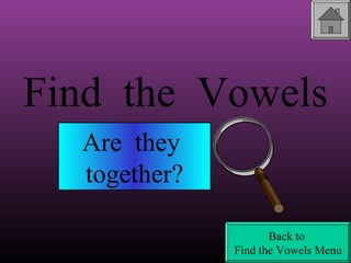 Find the Vowels
Are they
together?
Back to
Find the Vowels Menu

 
