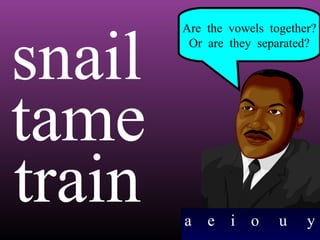 snail
tame
train

Are the vowels together?
Or are they separated?

a

e

i o

u

y

 