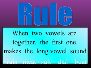 When two vowels are
together, the first one
makes the long vowel sound
rain meat suit

dial

boat

 