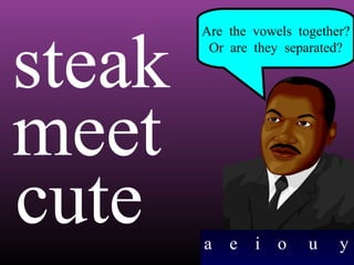 steak
meet
cute

Are the vowels together?
Or are they separated?

a

e

i o

u

y

 