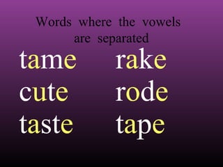 Words where the vowels
are separated

tame
cute
taste

rake
rode
tape

 