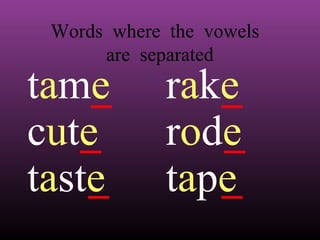 Words where the vowels
are separated

tame
cute
taste

rake
rode
tape

 