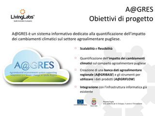 A@GRES
Obiettivi di progetto
A@GRES è un sistema informativo dedicato alla quantificazione dell’impatto
dei cambiamenti climatici sul settore agroalimentare pugliese.
 Integrazione con l’infrastruttura informatica già
esistente
 Quantificazione dell’impatto dei cambiamenti
climatici sul comparto agroalimentare pugliese
 Creazione di una banca dati agroalimentare
regionale (A@GRIBASE) e gli strumenti per
utilizzare i dati prodotti (A@GRIFLOW)
 Scalabilità e flessibilità
 