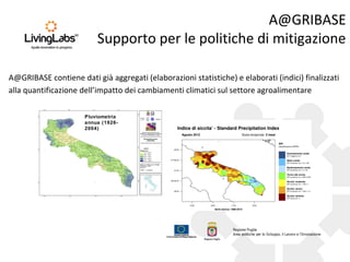 A@GRIBASE
Supporto per le politiche di mitigazione
Pluviometria
annua (1926-
2004)
A@GRIBASE contiene dati già aggregati (elaborazioni statistiche) e elaborati (indici) finalizzati
alla quantificazione dell’impatto dei cambiamenti climatici sul settore agroalimentare
 