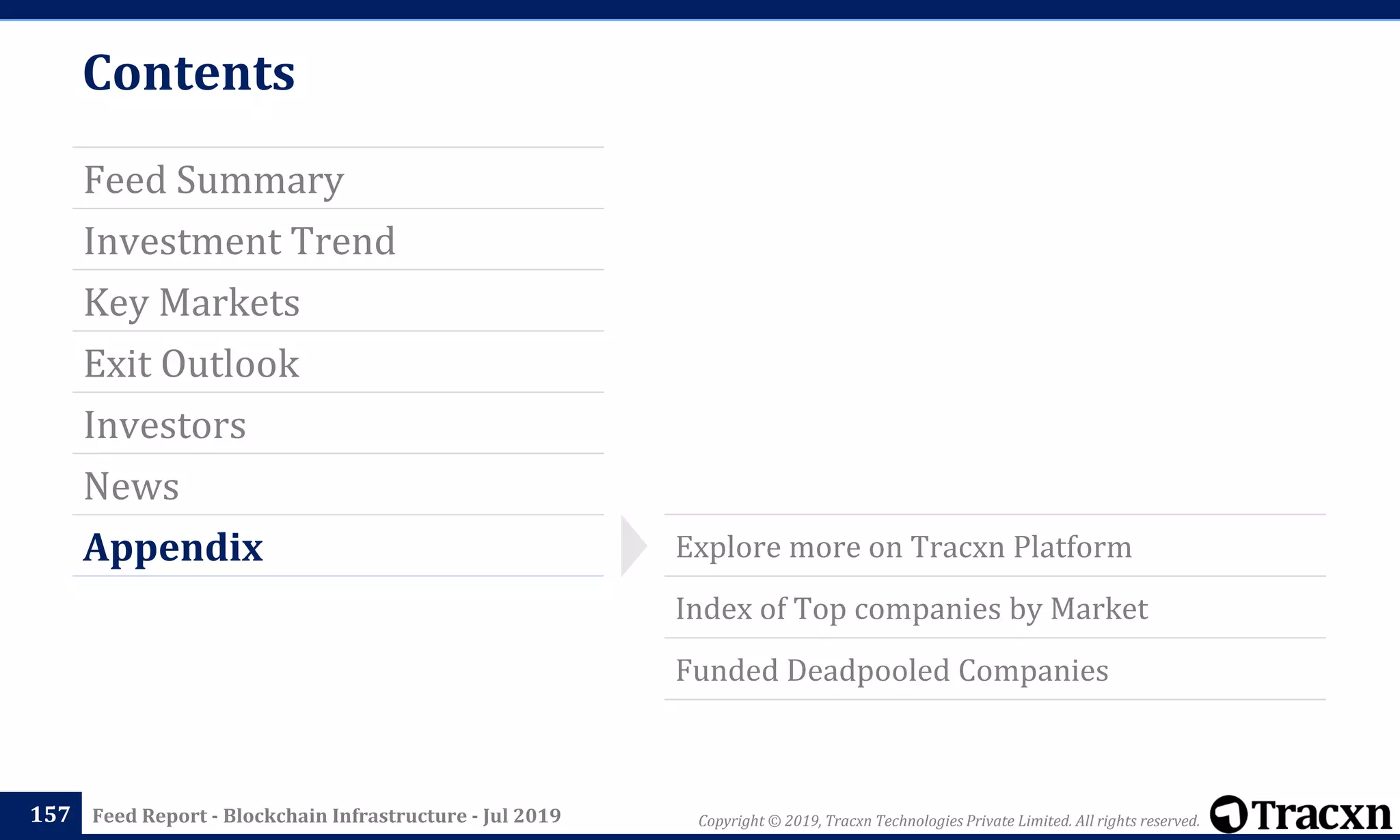 Copyright © 2019, Tracxn Technologies Private Limited. All rights reserved.Feed Report - Blockchain Infrastructure - Jul 2019
Contents
Feed Summary
Investment Trend
Key Markets
Exit Outlook
Investors
News
Appendix
157
Explore more on Tracxn Platform
Index of Top companies by Market
Funded Deadpooled Companies
 