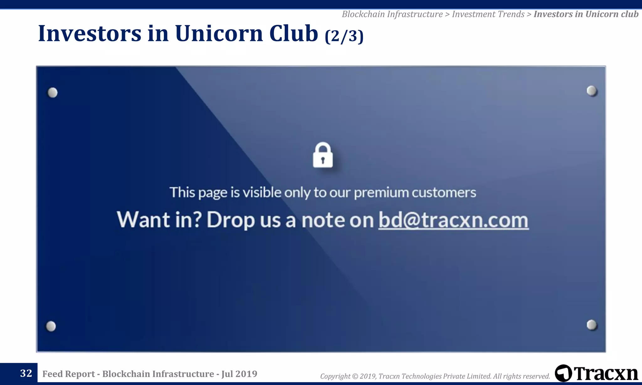 Copyright © 2019, Tracxn Technologies Private Limited. All rights reserved.Feed Report - Blockchain Infrastructure - Jul 201932
Blockchain Infrastructure > Investment Trends > Investors in Unicorn club
Investors in Unicorn Club (2/3)
 