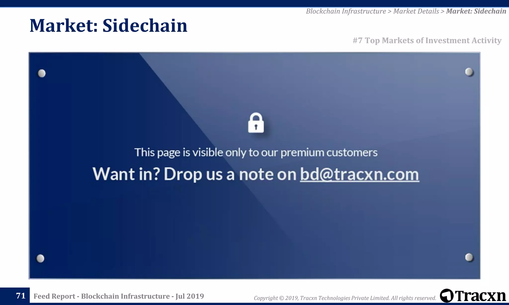 Copyright © 2019, Tracxn Technologies Private Limited. All rights reserved.Feed Report - Blockchain Infrastructure - Jul 201971
Blockchain Infrastructure > Market Details > Market: Sidechain
#7 Top Markets of Investment Activity
Market: Sidechain
 