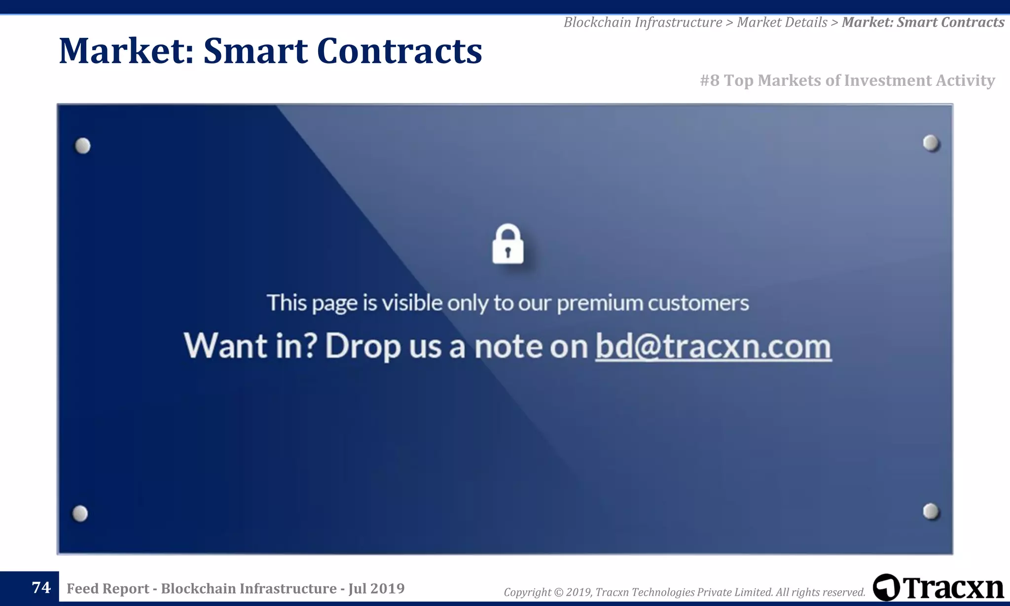 Copyright © 2019, Tracxn Technologies Private Limited. All rights reserved.Feed Report - Blockchain Infrastructure - Jul 201974
Blockchain Infrastructure > Market Details > Market: Smart Contracts
#8 Top Markets of Investment Activity
Market: Smart Contracts
 
