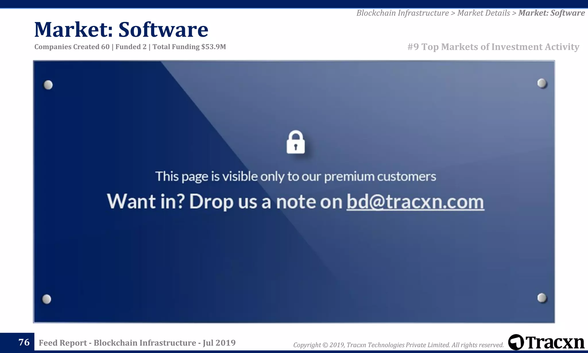 Copyright © 2019, Tracxn Technologies Private Limited. All rights reserved.Feed Report - Blockchain Infrastructure - Jul 201976
#9 Top Markets of Investment Activity
Blockchain Infrastructure > Market Details > Market: Software
Companies Created 60 | Funded 2 | Total Funding $53.9M
Market: Software
 