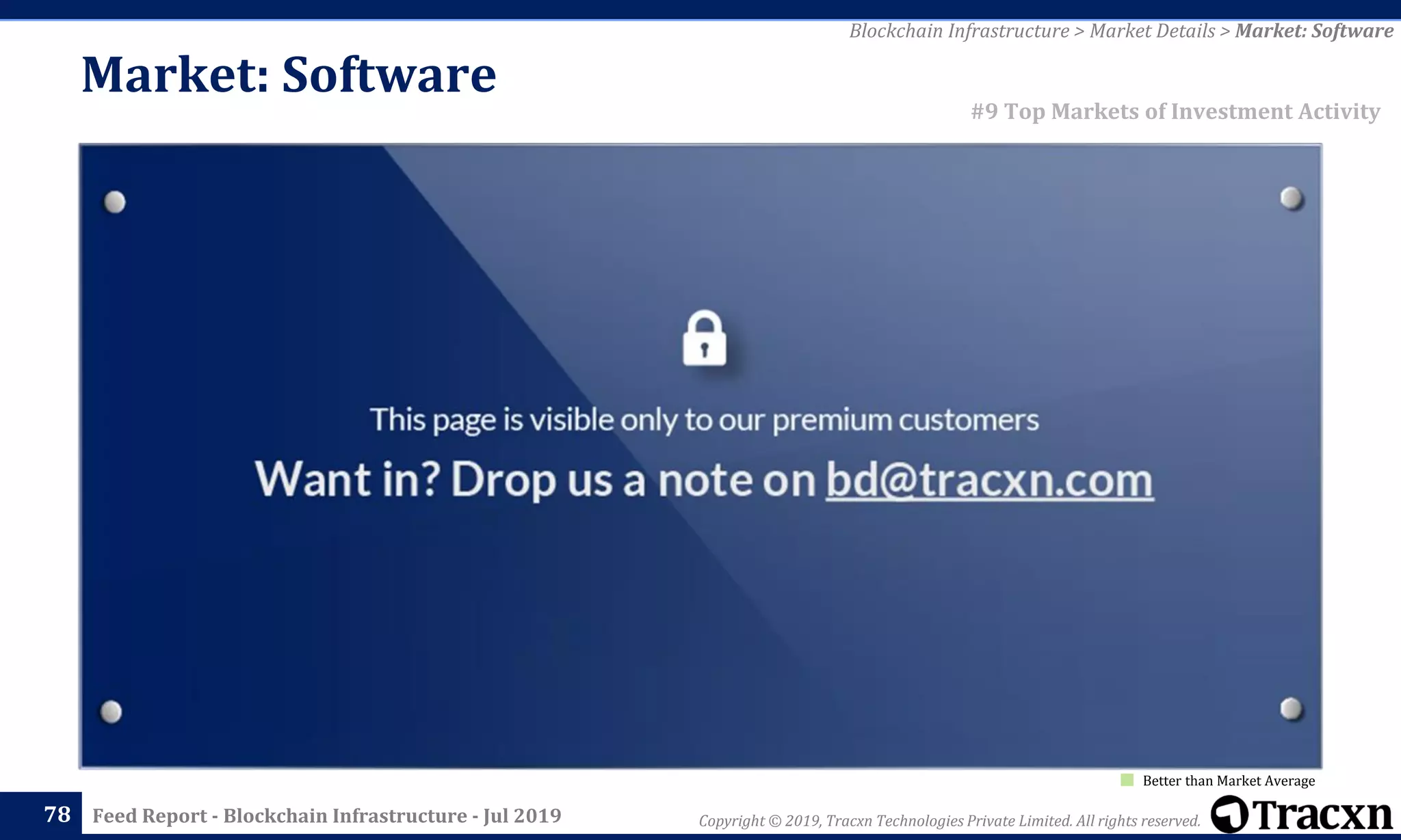 Copyright © 2019, Tracxn Technologies Private Limited. All rights reserved.Feed Report - Blockchain Infrastructure - Jul 201978
Blockchain Infrastructure > Market Details > Market: Software
#9 Top Markets of Investment Activity
Better than Market Average
Market: Software
 