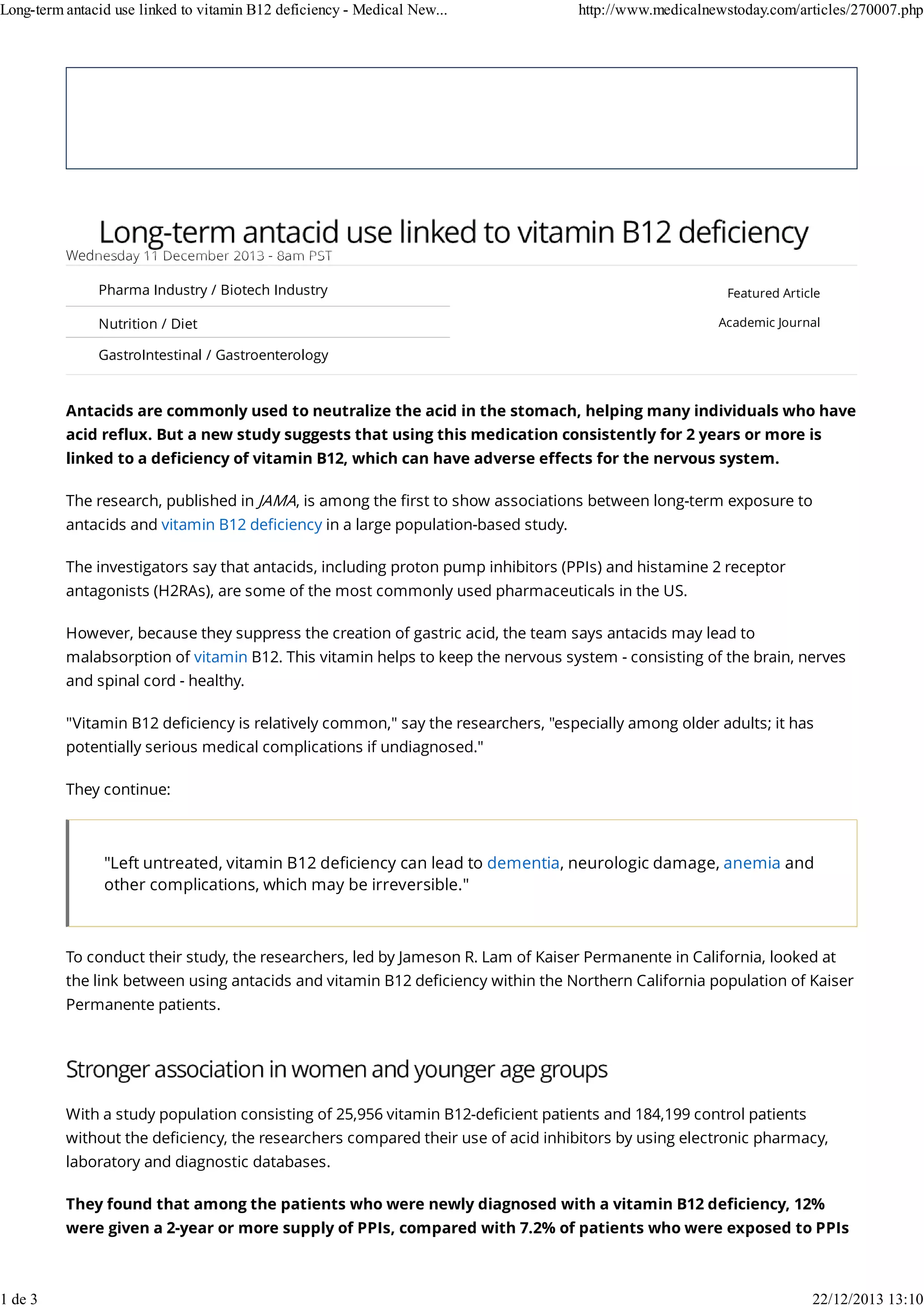 Long term antacid use linked to vitamin b12 deficiency medical news