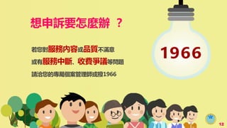 12
想申訴要怎麼辦 ？
若您對服務內容或品質不滿意
或有服務中斷、收費爭議等問題
請洽您的專屬個案管理師或撥1966
 
