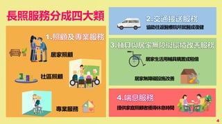 4
長照服務分成四大類
居家照顧
專業服務
協助往返醫療院所就醫或復健
提供家庭照顧者獲得休息時間
居家生活用輔具購置或租借
居家無障礙設施改善社區照顧
 