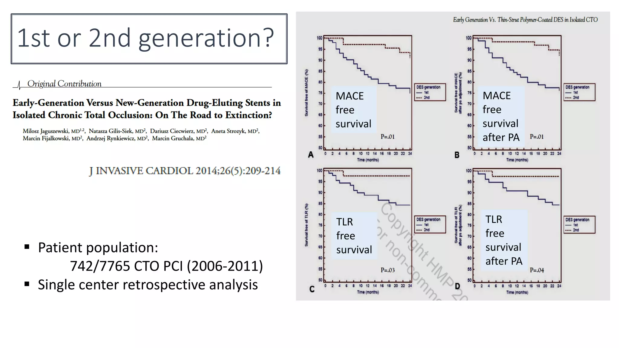 1st or 2nd generation?
 Patient population:
742/7765 CTO PCI (2006-2011)
 Single center retrospective analysis
MACE
free
survival
MACE
free
survival
after PA
TLR
free
survival
TLR
free
survival
after PA
 