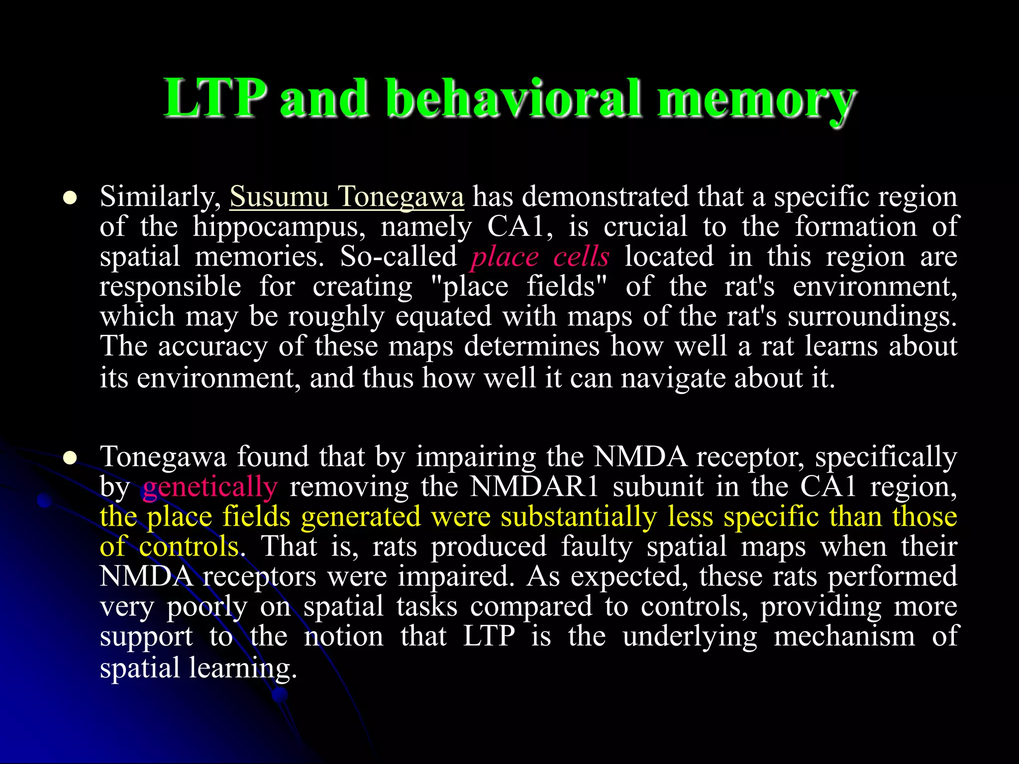 LTP and behavioral memory
 Similarly, Susumu Tonegawa has demonstrated that a specific region
of the hippocampus, namely CA1, is crucial to the formation of
spatial memories. So-called place cells located in this region are
responsible for creating "place fields" of the rat's environment,
which may be roughly equated with maps of the rat's surroundings.
The accuracy of these maps determines how well a rat learns about
its environment, and thus how well it can navigate about it.
 Tonegawa found that by impairing the NMDA receptor, specifically
by genetically removing the NMDAR1 subunit in the CA1 region,
the place fields generated were substantially less specific than those
of controls. That is, rats produced faulty spatial maps when their
NMDA receptors were impaired. As expected, these rats performed
very poorly on spatial tasks compared to controls, providing more
support to the notion that LTP is the underlying mechanism of
spatial learning.
 