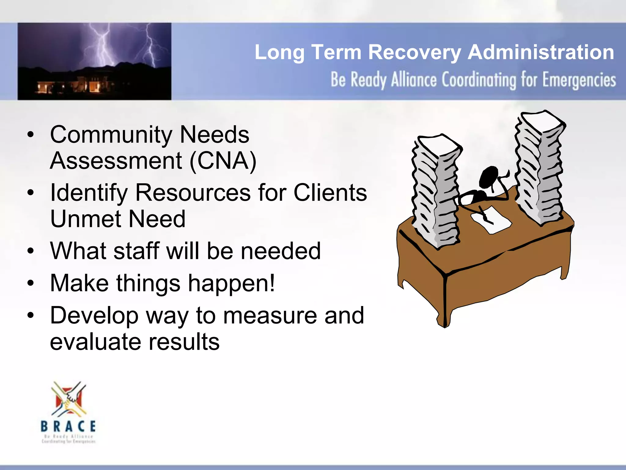 Long Term Recovery Administration
•  Community Needs
Assessment (CNA)
•  Identify Resources for Clients
Unmet Need
•  What staff will be needed
•  Make things happen!
•  Develop way to measure and
evaluate results
 