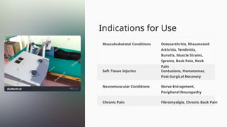 Indications for Use
Musculoskeletal Conditions Osteoarthritis, Rheumatoid
Arthritis, Tendinitis,
Bursitis, Muscle Strains,
Sprains, Back Pain, Neck
Pain
Soft Tissue Injuries Contusions, Hematomas,
Post-Surgical Recovery
Neuromuscular Conditions Nerve Entrapment,
Peripheral Neuropathy
Chronic Pain Fibromyalgia, Chronic Back Pain
 