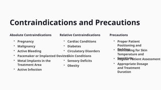 Contraindications and Precautions
Absolute Contraindications
• Pregnancy
• Malignancy
• Active Bleeding
• Pacemaker or Implanted Devices
• Metal Implants in the
Treatment Area
• Active Infection
Relative Contraindications
• Cardiac Conditions
• Diabetes
• Circulatory Disorders
• Skin Conditions
• Sensory Deficits
• Obesity
Precautions
• Proper Patient
Positioning and
Padding
• Monitoring for Skin
Temperature and
Sensitivity
• Regular Patient Assessment
• Appropriate Dosage
and Treatment
Duration
 