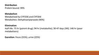 Distribution
Protein bound: 99%
Metabolism
Metabolized by CYP2D6 and CYP3A4
Metabolites: Dehydroaripiprazole (40%)
Elimination
Half-life: 75 hr (parent drug); 94 hr (metabolite); 30-47 days (IM); 146 hr (poor
metabolizers)
Excretion: Feces (55%), urine (25%)
 