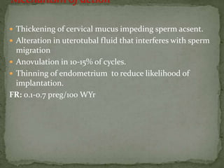  Thickening of cervical mucus impeding sperm acsent.
 Alteration in uterotubal fluid that interferes with sperm
migration
 Anovulation in 10-15% of cycles.
 Thinning of endometrium to reduce likelihood of
implantation.
FR: 0.1-0.7 preg/100 WYr
 
