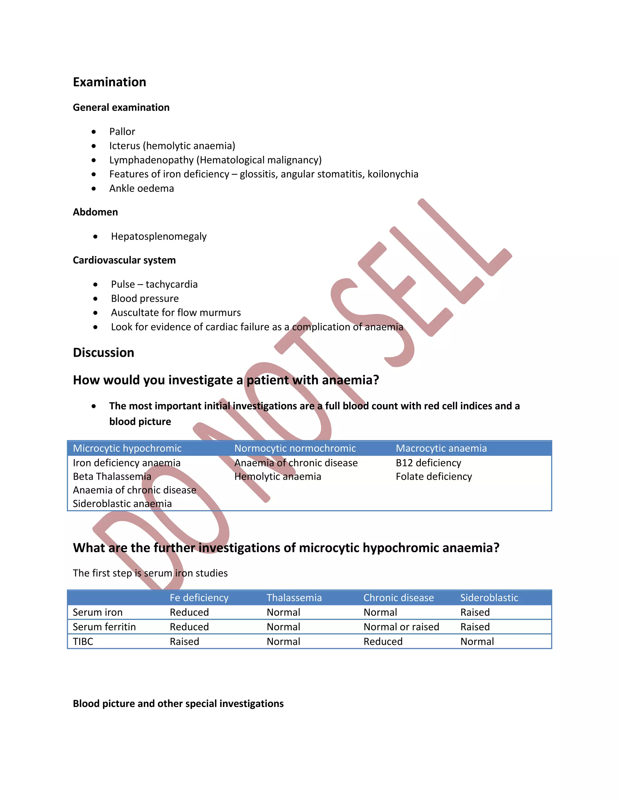 Examination
General examination
 Pallor
 Icterus (hemolytic anaemia)
 Lymphadenopathy (Hematological malignancy)
 Features of iron deficiency – glossitis, angular stomatitis, koilonychia
 Ankle oedema
Abdomen
 Hepatosplenomegaly
Cardiovascular system
 Pulse – tachycardia
 Blood pressure
 Auscultate for flow murmurs
 Look for evidence of cardiac failure as a complication of anaemia
Discussion
How would you investigate a patient with anaemia?
 The most important initial investigations are a full blood count with red cell indices and a
blood picture
Microcytic hypochromic Normocytic normochromic Macrocytic anaemia
Iron deficiency anaemia
Beta Thalassemia
Anaemia of chronic disease
Sideroblastic anaemia
Anaemia of chronic disease
Hemolytic anaemia
B12 deficiency
Folate deficiency
What are the further investigations of microcytic hypochromic anaemia?
The first step is serum iron studies
Fe deficiency Thalassemia Chronic disease Sideroblastic
Serum iron Reduced Normal Normal Raised
Serum ferritin Reduced Normal Normal or raised Raised
TIBC Raised Normal Reduced Normal
Blood picture and other special investigations
 