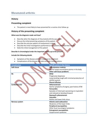 Rheumatoid arthritis
History
Presenting complaint
 The patient is most likely to have presented for a routine clinic follow up
History of the presenting complaint
When was the diagnosis made and how?
 Describe when the diagnosis of rheumatoid arthritis was made
 Discuss the initial presenting symptoms of the patient
 Describe the articular pattern of involvement in detail
 Describe the initial investigations performed on the patient and state their results
 State the initial management of the patient
Describe in chronological order the important events up to the present
Include the following details
 Symptoms of the disease and their response to treatment
 Complications of the disease and extra articular manifestations
Complication Specific points in the history
Soft tissue Subcutaneous nodules
Ask for lumps around bony points in the body
Other soft tissue problems
RS DPLD
Progressive dyspnoea
Long standing cough with minimal production of
whitish sputum
Pleural effusion
Cardiovascular Atherosclerosis
Ask for symptoms of angina, past history of MI
Pericarditis
Episodes of chest pain worsening on inspiration
and relieved on bending forward
Reynaud’s phenomenon
Vasculitis
Rashes and lower limb ulcers
Nervous system Atlanto-axial subluxation
Weakness of the lower limbs
Peripheral neuropathies
Other focal neurological symptoms
Entrapment neuropathies
Carpal tunnel syndrome
 
