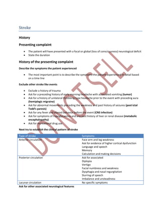 Stroke
History
Presenting complaint
 The patient will have presented with a focal or global (loss of consciousness) neurological deficit
 State the duration
History of the presenting complaint
Describe the symptoms the patient experienced
 The most important point is to describe the symptoms the patient experienced in detail based
on a time line
Exclude other stroke like events
 Exclude a history of trauma
 Ask for a preceding history of early morning headache with associated vomiting (tumor)
 Ask for a history of unilateral throbbing type headache prior to the event with preceding aura
(hemiplegic migraine)
 Ask for abnormal movements preceding the weakness and past history of seizures (post ictal
Todd’s paresis)
 Ask for any fever and altered behavior before the event (CNS infection)
 Ask for symptoms of hypoglycaemia and any past history of liver or renal disease (metabolic
encephalopathy)
 Ask for recreational drug use
Next try to establish the clinical pattern of stroke
Type of stroke Symptoms
Anterior circulation Face arm and leg weakness
Ask for evidence of higher cortical dysfunction
Language and speech
Memory
Calculation and making decisions
Posterior circulation Ask for associated
Diplopia
Vertigo
Facial numbness and weakness
Dysphagia and nasal regurgitation
Slurring of speech
Imbalance and unsteadiness
Lacunar circulation No specific symptoms
Ask for other associated neurological features
 