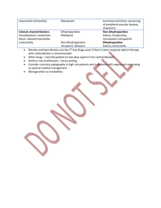 myocardial contractility Metoprolol bronchoconstriction, worsening
of peripheral vascular disease,
impotence
Calcium channel blockers
Vasodilatation, conduction
block, reduced myocardial
contractility
Dihydropyridine
Nifedipine
Non dihydropyridine
Verapamil, diltiazem
Non dihydropyridine
Edema, bradycardia,
constipation (verapamil)
Dihydropyridine
Edema, tachycardia
 Nitrates and beta blockers are the 1st
line drugs used. If there is poor response add on therapy
with a beta blocker is recommended
 Other drugs – start the patient on low dose aspirin if not contraindicated
 Perform risk stratification – Stress testing
 Consider coronary angiography in high risk patients and in patients with angina not responding
to optimal medical management
 Manage other co morbidities
 