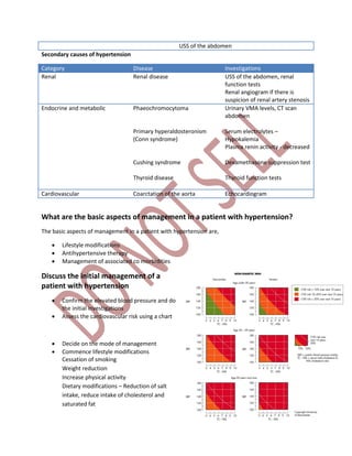 USS of the abdomen
Secondary causes of hypertension
Category Disease Investigations
Renal Renal disease USS of the abdomen, renal
function tests
Renal angiogram if there is
suspicion of renal artery stenosis
Endocrine and metabolic Phaeochromocytoma
Primary hyperaldosteronism
(Conn syndrome)
Cushing syndrome
Thyroid disease
Urinary VMA levels, CT scan
abdomen
Serum electrolytes –
Hypokalemia
Plasma renin activity - decreased
Dexamethasone suppression test
Thyroid function tests
Cardiovascular Coarctation of the aorta Echocardiogram
What are the basic aspects of management in a patient with hypertension?
The basic aspects of management in a patient with hypertension are,
 Lifestyle modifications
 Antihypertensive therapy
 Management of associated co morbidities
Discuss the initial management of a
patient with hypertension
 Confirm the elevated blood pressure and do
the initial investigations
 Assess the cardiovascular risk using a chart
 Decide on the mode of management
 Commence lifestyle modifications
Cessation of smoking
Weight reduction
Increase physical activity
Dietary modifications – Reduction of salt
intake, reduce intake of cholesterol and
saturated fat
 