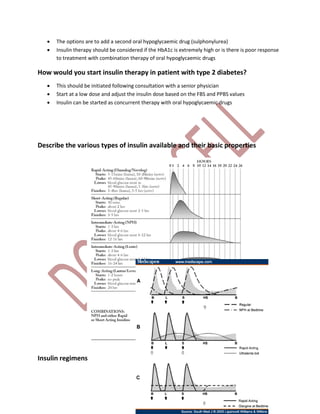  The options are to add a second oral hypoglycaemic drug (sulphonylurea)
 Insulin therapy should be considered if the HbA1c is extremely high or is there is poor response
to treatment with combination therapy of oral hypoglycaemic drugs
How would you start insulin therapy in patient with type 2 diabetes?
 This should be initiated following consultation with a senior physician
 Start at a low dose and adjust the insulin dose based on the FBS and PPBS values
 Insulin can be started as concurrent therapy with oral hypoglycaemic drugs
Describe the various types of insulin available and their basic properties
Insulin regimens
 