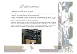 Positionnement "!
                                             "
	
  «	
  Longchamp	
  ?	
  Du	
  haut	
  de	
  gamme,	
  pas	
  du	
  luxe.	
  »	
  	
  

	
   En	
   tête	
   des	
   marque	
   achetées	
   par	
   les	
   hauts	
   revenus,	
   Longchamp	
   connaît	
   un	
   véritable	
   succès,	
  
    s’expliquant	
  par	
  un	
  posiConnement	
  qualitaCf	
  mais	
  accessible.	
  	
  
	
   CréaCve,	
   foncConnelle	
   et	
   accessible,	
   Longchamp	
   est	
   une	
   marque	
   haut	
   de	
   gamme.	
   Les	
   sacs	
  
    Longchamp	
  sont	
  l’assurance	
  pour	
  le	
  consommateur	
  de	
  posséder	
  un	
  arCcle	
  chic	
  et	
  indémodable,	
  
    mais	
  ne	
  représente	
  pas	
  pour	
  lui	
  une	
  dépense	
  considérable.	
  
	
  Longchamp	
  ne	
  se	
  posiConne	
  pas	
  sur	
  le	
  terrain	
  des	
  peCtes	
  choses	
  pointues	
  et	
  mode,	
  même	
  si	
  la	
  
    marque	
   essaye	
   de	
   suivre	
   les	
   tendances.	
   Fuyant	
   le	
   classicisme,	
   Longchamp	
   ne	
   cesse	
   d’innover	
  
    depuis	
   sa	
   créaCon.	
   Sa	
   maroquinerie	
   se	
   veut	
   invenCve,	
   notamment	
   à	
   travers	
   les	
   collaboraCons	
  
    avec	
  de	
  nombreux	
  arCstes	
  pour	
  la	
  créaCon,	
  tout	
  en	
  restant	
  indémodable	
  au	
  ﬁl	
  du	
  temps.	
  
 