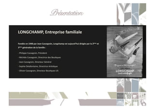 Présentation!

	
  LONGCHAMP,	
  Entreprise	
  familiale	
  

	
  Fondée	
  en	
  1948	
  par	
  Jean	
  Cassegrain,	
  Longchamp	
  est	
  aujourd’hui	
  dirigée	
  par	
  la	
  2
                                                                                                                     ème	
  et	
  	
  

	
  3ème	
  généraXon	
  de	
  la	
  famille	
  :	
  

	
  -­‐	
  Philippe	
  Cassegrain,	
  Président	
  
	
  -­‐	
  Michèle	
  Cassegrain,	
  Directrice	
  des	
  BouCques	
  

	
  -­‐	
  Jean	
  Cassegrain,	
  Directeur	
  Général	
  
	
  -­‐	
  Sophie	
  Delafontaine,	
  Directrice	
  ArCsCque	
  
	
  -­‐	
  Olivier	
  Cassegrain,	
  Directeur	
  BouCques	
  US	
  
 