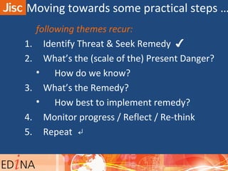 following themes recur:
1. Identify Threat & Seek Remedy ✔
2. What’s the (scale of the) Present Danger?
• How do we know?
3. What’s the Remedy?
• How best to implement remedy?
4. Monitor progress / Reflect / Re-think
5. Repeat ↵
Moving towards some practical steps …
 