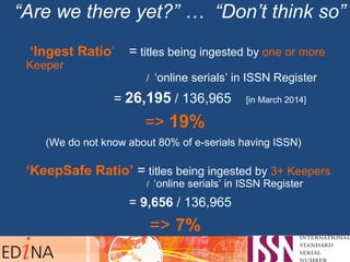 “Are we there yet?” … “Don’t think so”
‘Ingest Ratio’ = titles being ingested by one or more
Keeper
/ ‘online serials’ in ISSN Register
= 26,195 / 136,965 [in March 2014]
=> 19%
(We do not know about 80% of e-serials having ISSN)
‘KeepSafe Ratio’ = titles being ingested by 3+ Keepers
/ ‘online serials’ in ISSN Register
= 9,656 / 136,965
=> 7%
 