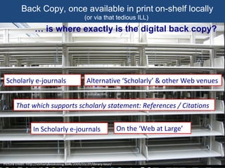 Back Copy, once available in print on-shelf locally
(or via that tedious ILL)
Picture credit: http://somanybooksblog.com/2009/03/27/library-tour/
… is where exactly is the digital back copy?
Scholarly e-journals Alternative ‘Scholarly’ & other Web venues
That which supports scholarly statement: References / Citations
In Scholarly e-journals On the ‘Web at Large’
 