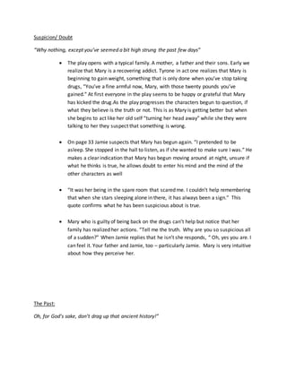Suspicion/ Doubt
“Why nothing, except you’ve seemed a bit high strung the past few days”
 The play opens with a typical family. A mother, a father and their sons. Early we
realize that Mary is a recovering addict. Tyrone in act one realizes that Mary is
beginning to gain weight, something that is only done when you’ve stop taking
drugs, “You’ve a fine armful now, Mary, with those twenty pounds you’ve
gained.” At first everyone in the play seems to be happy or grateful that Mary
has kicked the drug.As the play progresses the characters begun to question, if
what they believe is the truth or not. This is as Mary is getting better but when
she begins to act like her old self “turning her head away” while she they were
talking to her they suspect that something is wrong.
 On page 33 Jamie suspects that Mary has begun again. “I pretended to be
asleep. She stopped in the hall to listen, as if she wanted to make sure I was.” He
makes a clear indication that Mary has begun moving around at night, unsure if
what he thinks is true, he allows doubt to enter his mind and the mind of the
other characters as well
 “It was her being in the spare room that scared me. I couldn’t help remembering
that when she stars sleeping alone in there, it has always been a sign.” This
quote confirms what he has been suspicious about is true.
 Mary who is guilty of being back on the drugs can’t help but notice that her
family has realized her actions. “Tell me the truth. Why are you so suspicious all
of a sudden?” When Jamie replies that he isn’t she responds, “ Oh, yes you are. I
can feel it. Your father and Jamie, too – particularly Jamie. Mary is very intuitive
about how they perceive her.
The Past:
Oh, for God’s sake, don’t drag up that ancient history!”
 