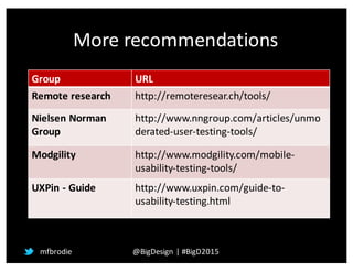 More	
  recommendations
mfbrodie
Group URL
Remote	
  research http://remoteresear.ch/tools/
Nielsen	
  Norman	
  
Group
ht...