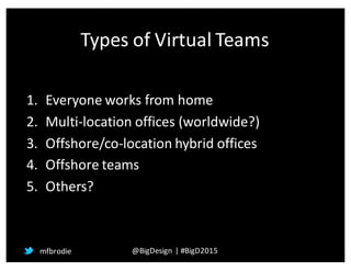 Types	
  of	
  Virtual	
  Teams
1. Everyone	
  works	
  from	
  home
2. Multi-­‐location	
  offices	
  (worldwide?)
3. Offshore/co-­‐location	
  hybrid	
  offices
4. Offshore	
  teams
5. Others?
mfbrodie @BigDesign |	
  #BigD2015
 