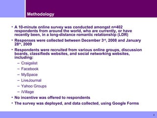 A 10-minute online survey was conducted amongst n=402 respondents from around the world, who are currently, or have recently been, in a long-distance romantic relationship (LDR) Responses were collected between December 3 rd , 2008 and January 28 th , 2009 Respondents were recruited from various online groups, discussion boards, classifieds websites, and social networking websites, including: Craigslist Facebook MySpace LiveJournal Yahoo Groups iVillage No incentive was offered to respondents The survey was deployed, and data collected, using Google Forms Methodology 